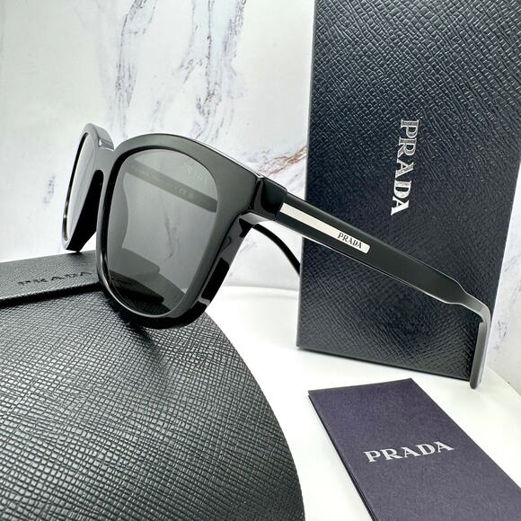 New PRADA Sunglasses Black Acetate Square Silver Metal Logo 53mm Gray Lens - Picture 5 of 16
